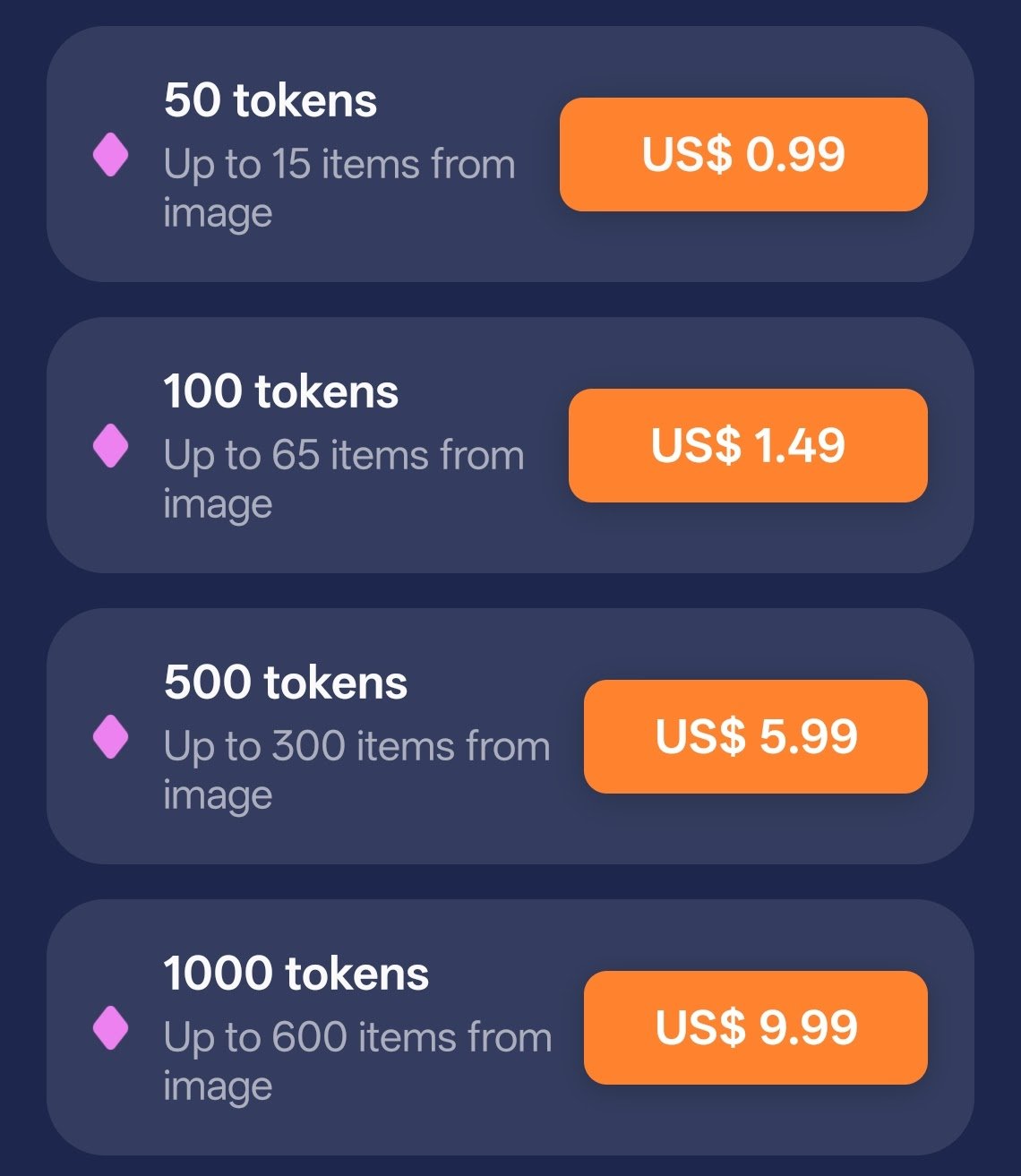 Containd token pricing screen showing connected feature costs