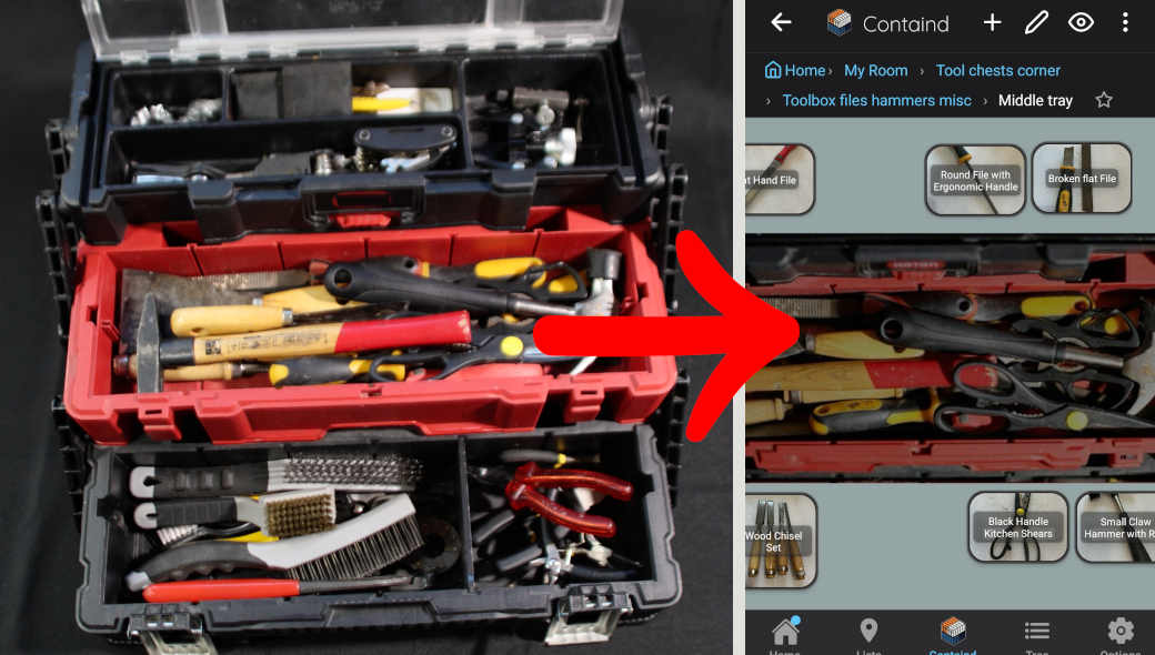 Open tool chest with layered trays of hand tools next to the matching Containd canvas showing each tool catalogued by name and photo