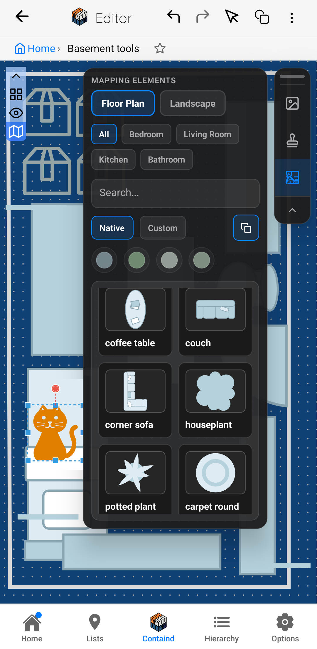 マッピングモードのContaindスマートフォン画面。マッピング要素メニューが開いており、背景に間取り図が表示されている