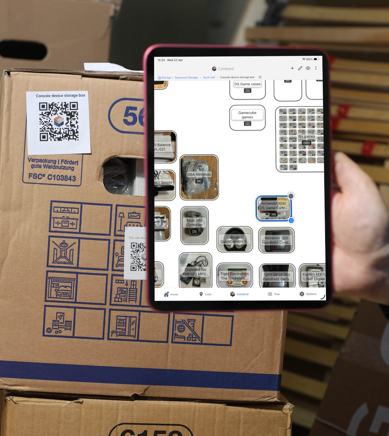 Console and device storage box with a tablet showing the matching Containd canvas