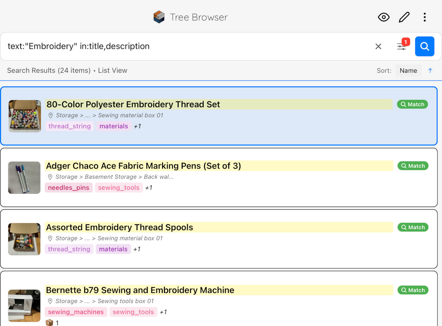 Containd search results with a found item linked to its box