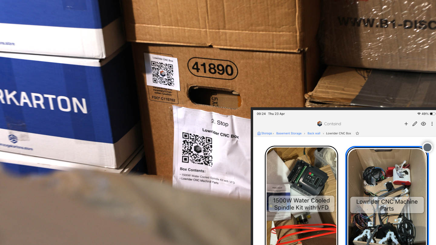 LowRider CNC box on a basement shelf with a QR label and the matching Containd canvas showing the spindle kit and machine parts inside