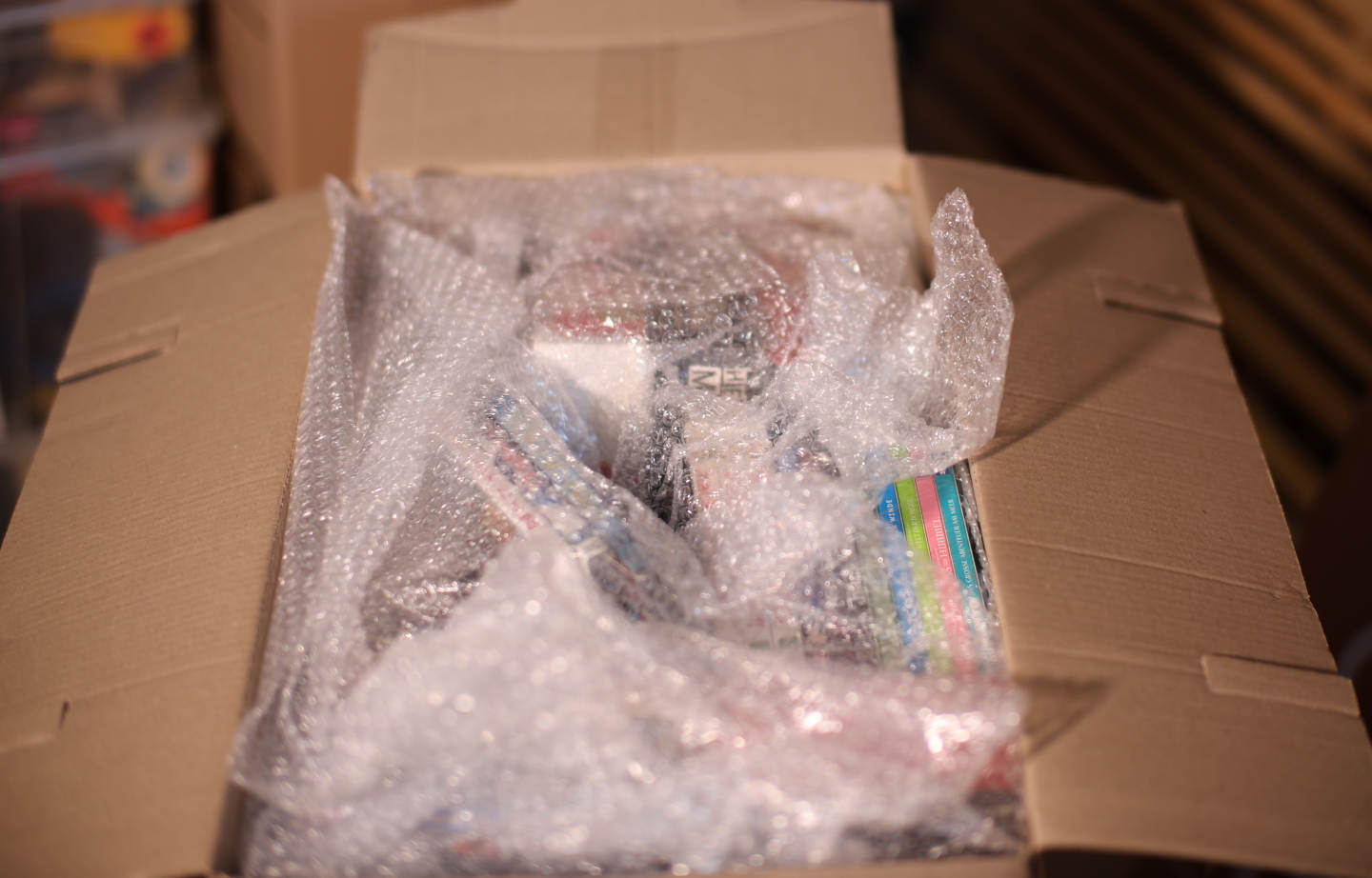 Top-down view of a densely packed storage box